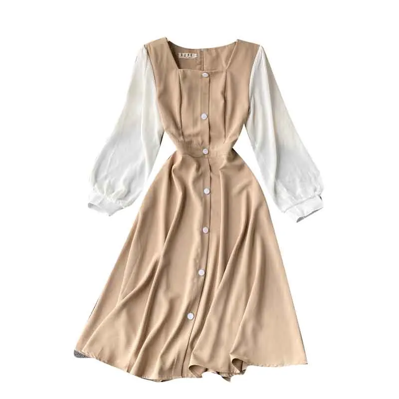 

Retro Square Collar Dress Women New Fashion Single Breasted Elegant High Waist Slim Long Sleeve A- Line Vestidos H947