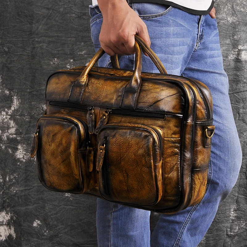 light brown Мужской портфель из восковой кожи, античный дизайн, деловой портфель для путешествий, сумка для ноутбука, модная сумка-мессенджер, мужская сумка-тоут k1013 - Цвет: light brown