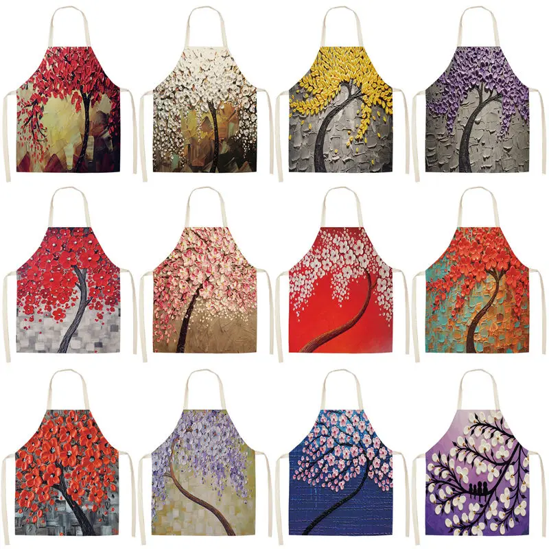 

1Pcs Flower Tree Printed Cotton Linen Sleeveless Aprons Home Cleaning Kitchen Cooking Baking Apron For Women Men 53*65cm WQ0008