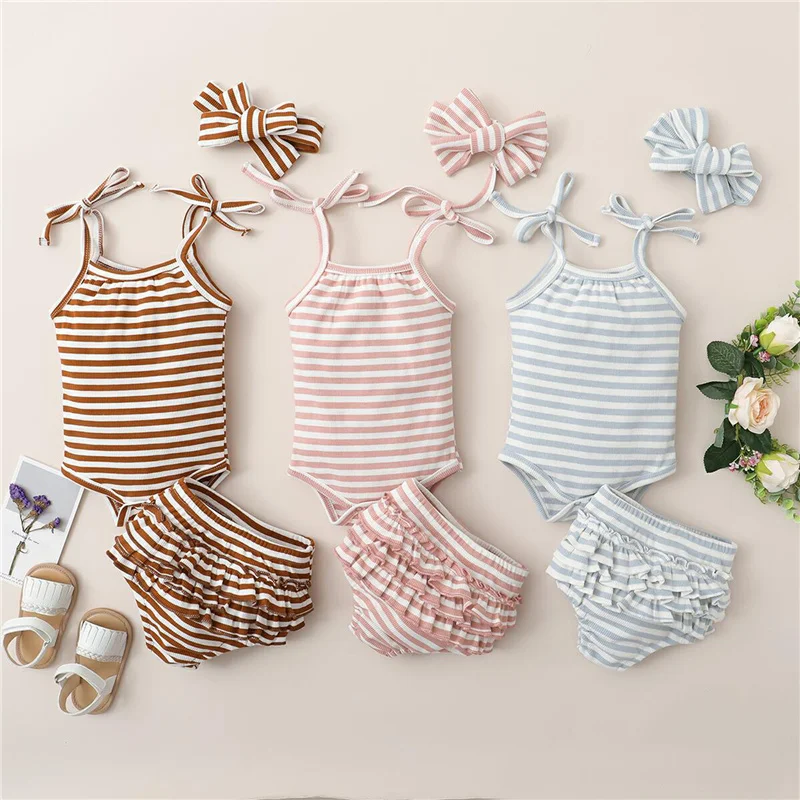 

0-18M Toddler Newborn Girl Sleeveless Striped Crotch Buttons Sling Vest Romper Ruffle Shorts Pleated Layered Clothes Headband