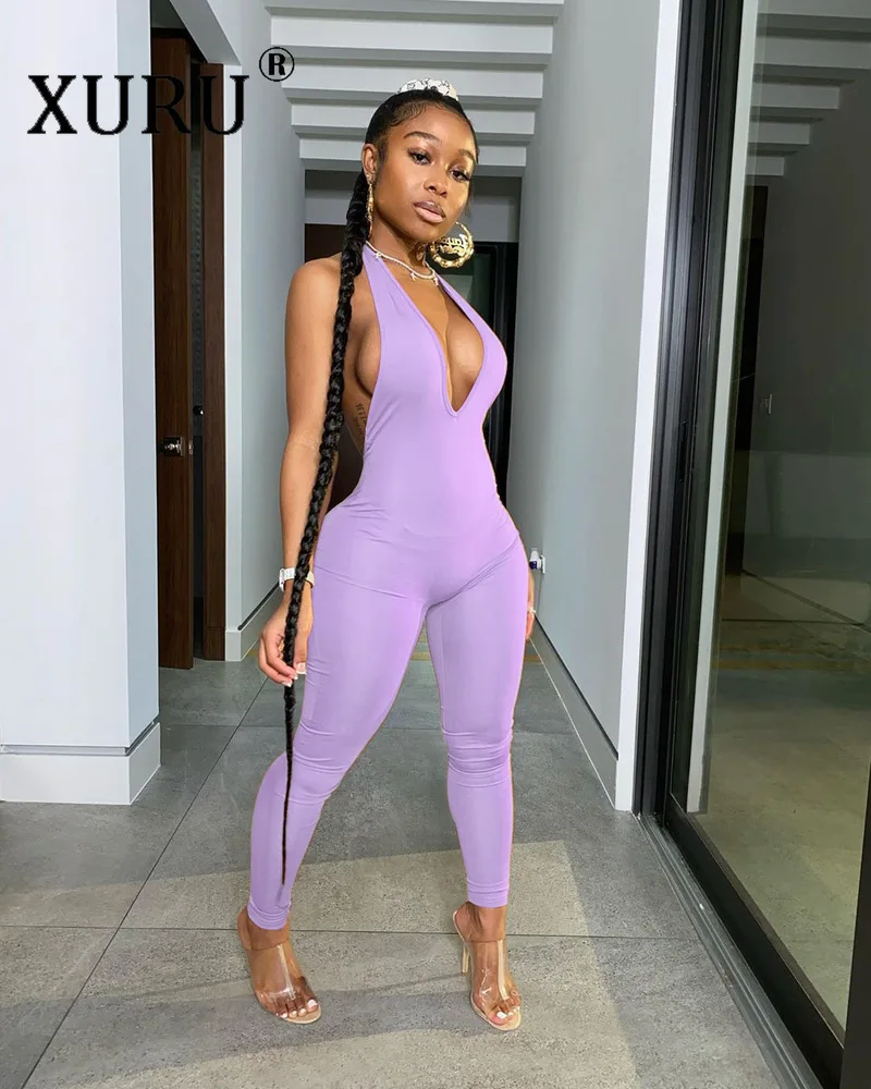 

XURU Sexy Backless Deep V Hanging Neck Jumpsuit European and American Women's Hot Sale Jumpsuit