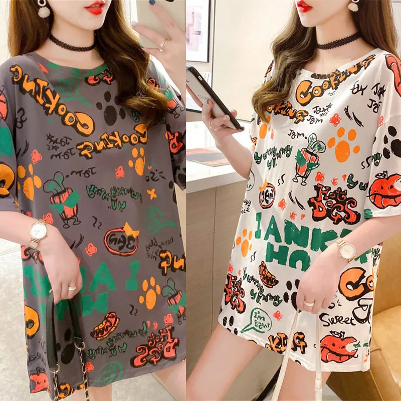 

2021 Новое летнее платье размера плюс с принтом футболка с короткими рукавами для женщин Harajuku миди Длина: свободная женская футболка, базовые ...