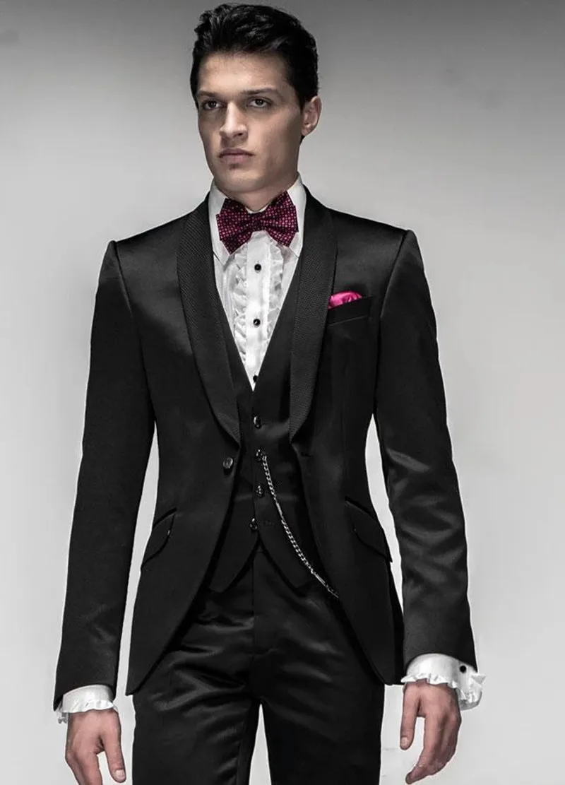 

Новое поступление, высокое качество, Черная шаль, отворот, одна пуговица, красивый модный мужской костюм, популярный смокинг для жениха, кос...
