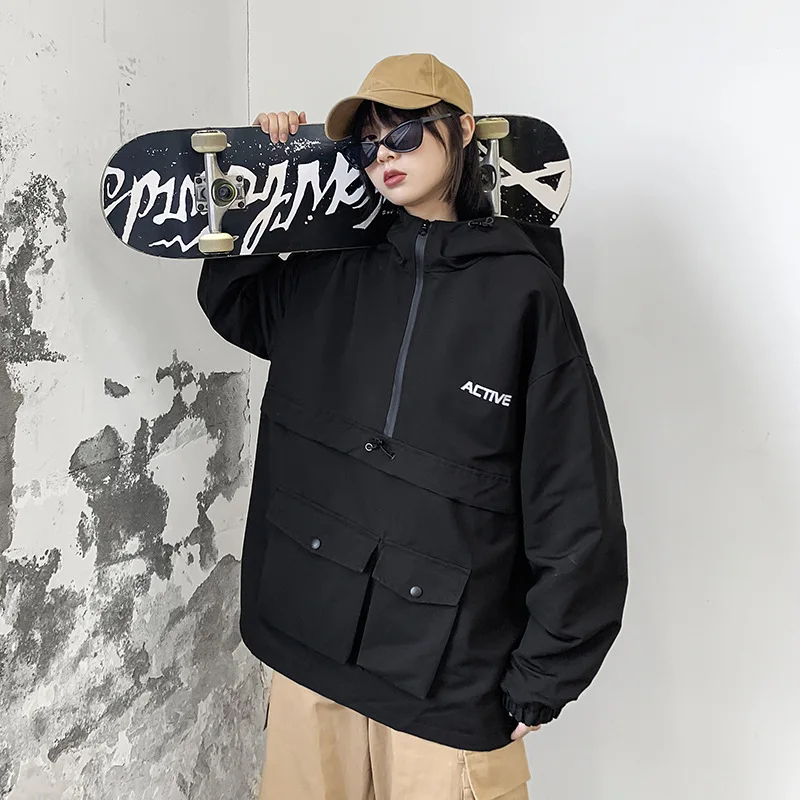 

Trend Ins Korean Version of Loose Hedging Hooded Jacket Men's New Autumn and Winter Half Zipper Tooling Jacket Streetwear