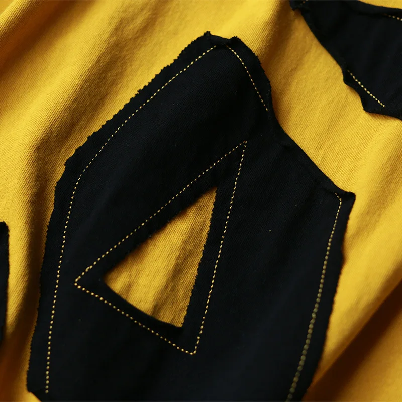 

XUXI Summer 2020 Women New O Neck TShirt Cotton Letter Patch Loose Short Sleeve Irregular Hem Fashion Break Cave T-Shirt FZ2579