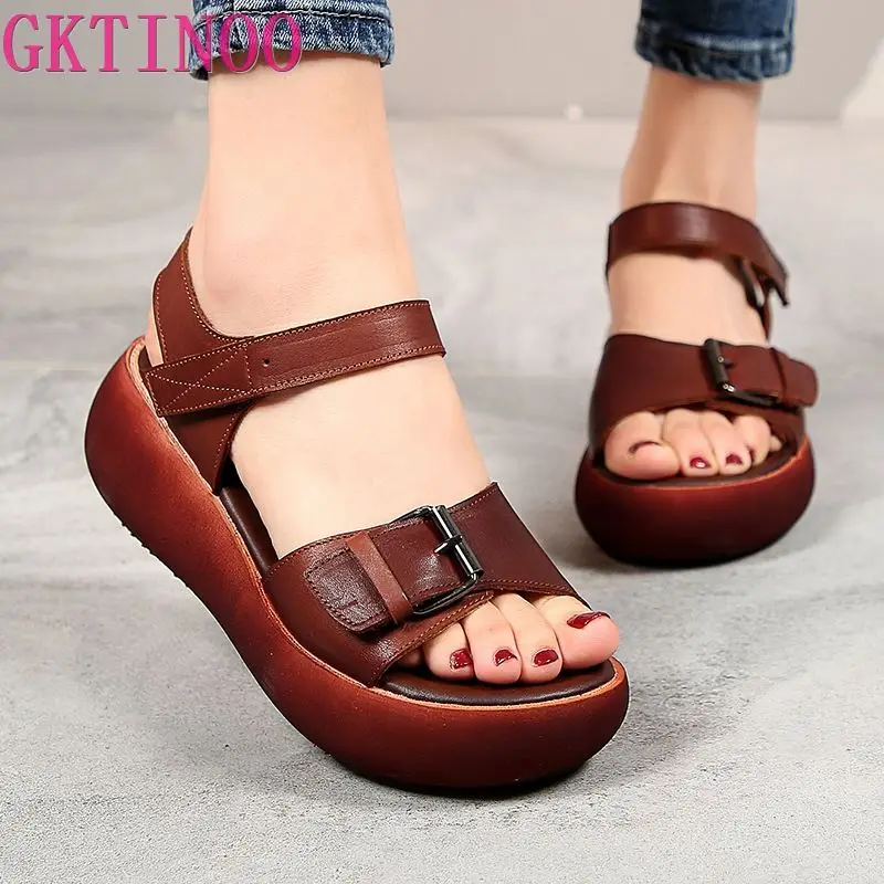 

GKTINOO 2023 New Retro Summer Women Sandals 100% Genuine Leather Open Toe Shoes Casual High Heel Wedges Platform Sandals Woman
