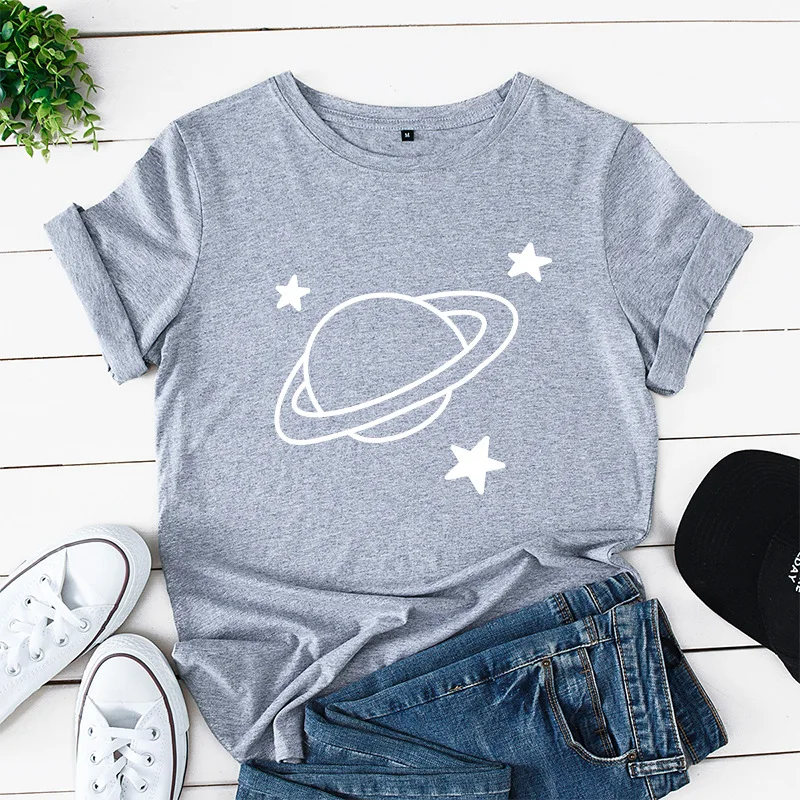 

2020 Summer Cotton Women T-shirts Planet Print T Shirt Plus Size Casual Woman Tshirt Harajuku Basic Tees Oversize Loose Tops