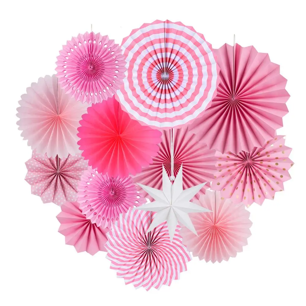

13pcs Pink Paper Fan Round Wheel For Baby Shower Kids Birthday Christmas Wedding Party Craft Event Photo Backdrop Decor