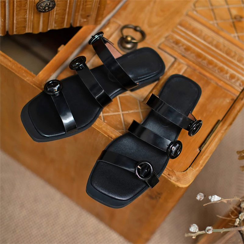 

Meotina Women Slippers Shoes Narrow Band Low Heel Sandals Square Toe Slides Thick Heel Cow Leather Ladies Footwear Summer Black