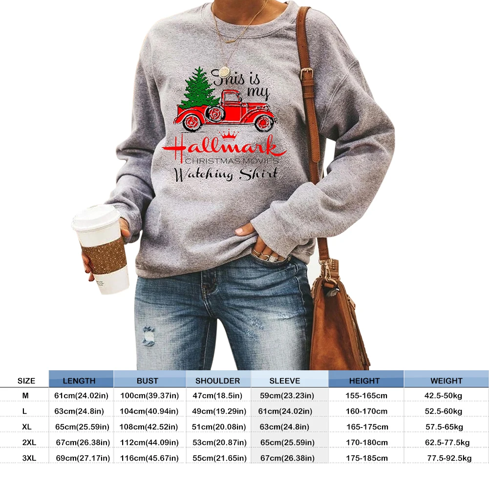 

Fashion Christmas Car and Tree Print Pullover Sweatshirt Women Long Sleeve Round Neck Autumn Winter Loose Jumper Grey