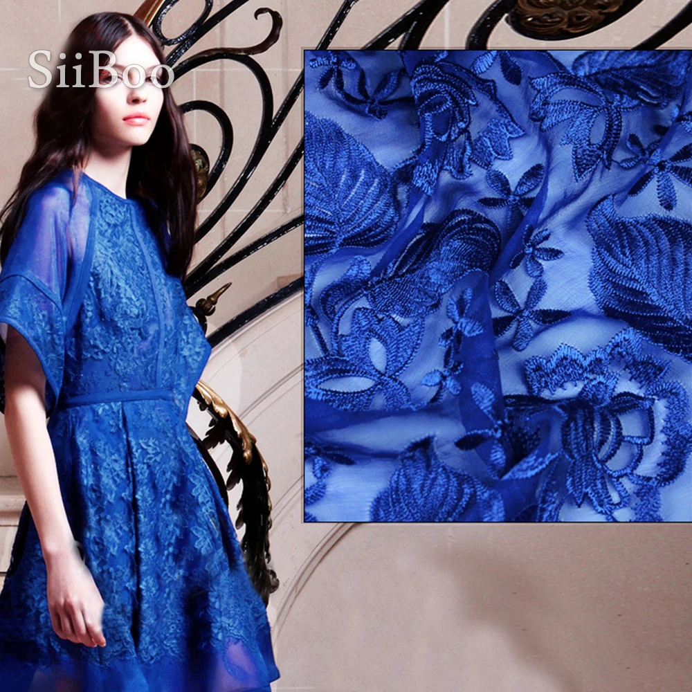 American style luxury blue floral embroidery georgette silk fabric for wedding party dress tissu tecidos stoffen SP4721 | Дом и сад