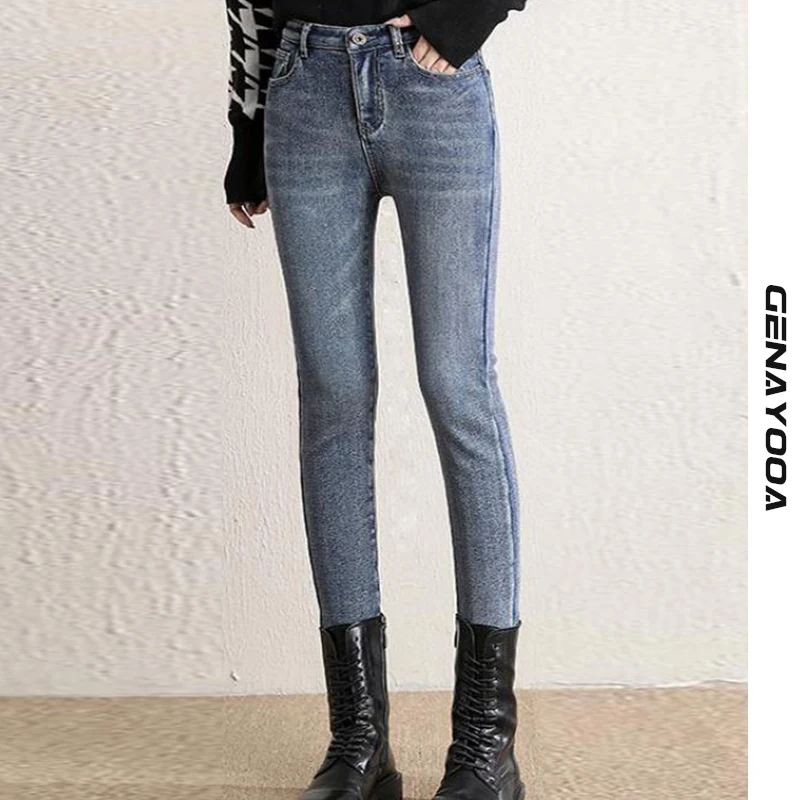 

Genayooa Plus Size High Waist Jeans Elastic Fleece Push Up Jeans Skinny Woman Oversize Korean Jeans Demin Pants Winter Warm 2020
