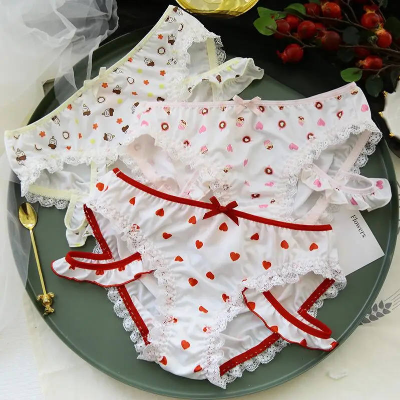 Kawaii с принтом в виде сердца трусики заниженной талией кружево японский стиль