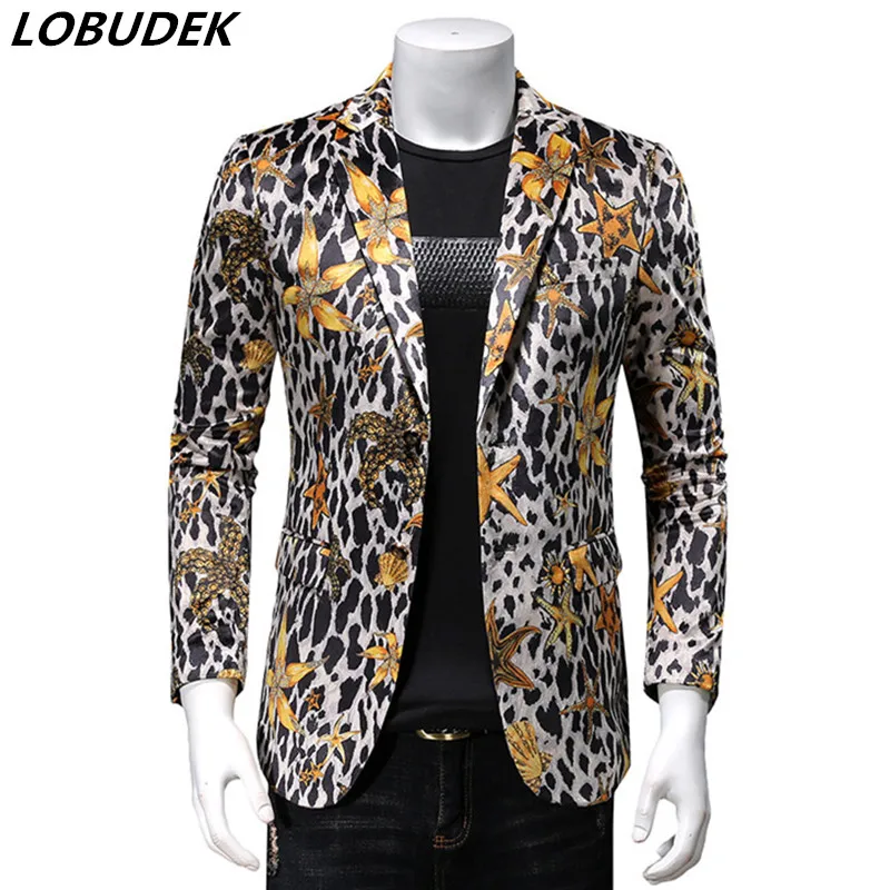 

European Style Men Leopard Shell Pattern Floral Blazers Youth Fashion Slim Fit Blazer Casual Coat Singer Host Prom Stage Blazer