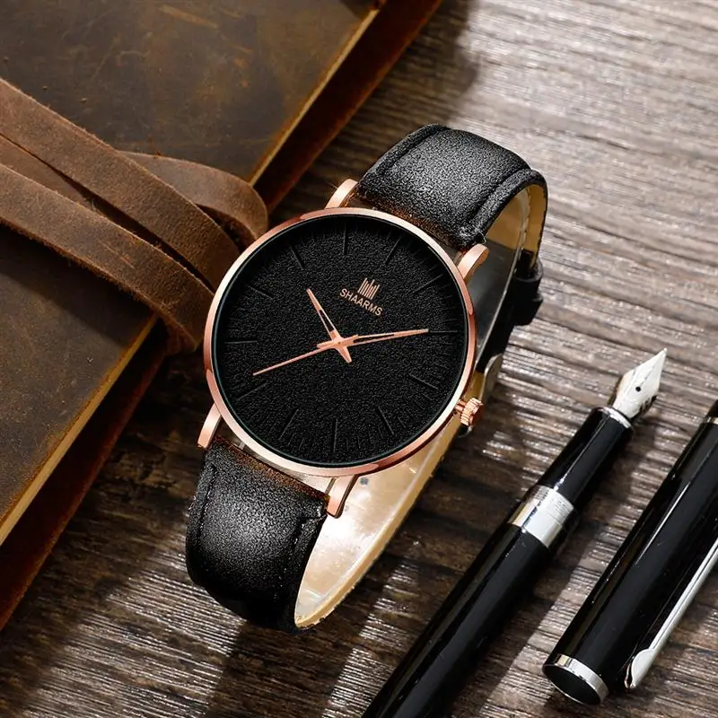 Мужские Простые часы из нержавеющей стали с кожаным ремешком кварцевые наручные