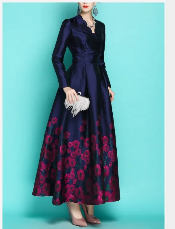 Женское жаккардовое платье макси роскошное длинное в стиле ретро с v-образным