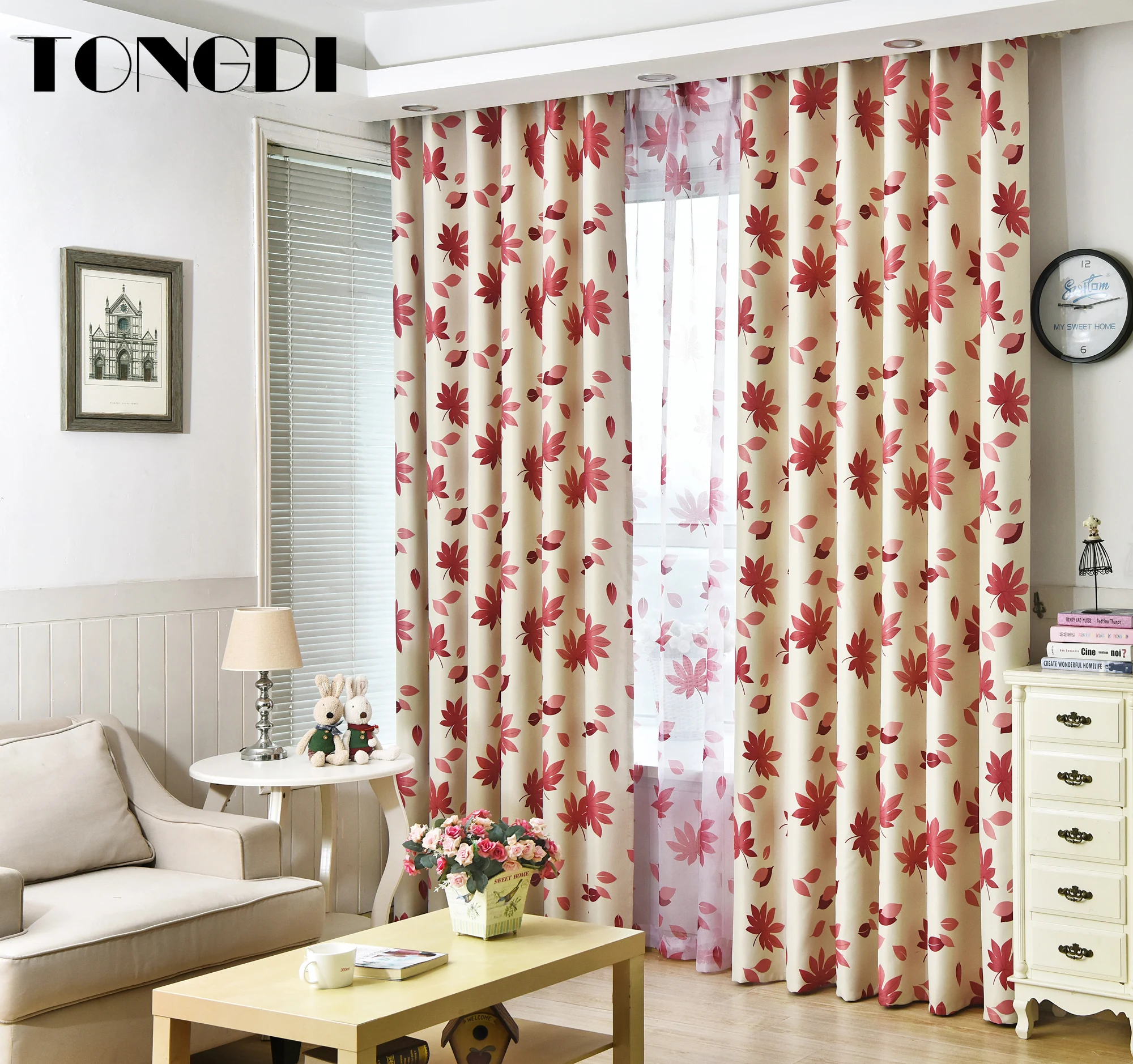 

TONGDI Blackout Curtains Elegance Maple Leaves Printing High-grade Decoration For Home Hotel Christmas Parlou Bedroom LivingRoom