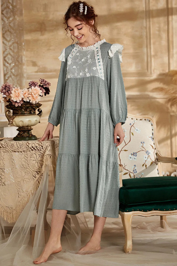 

Fresh Nightdress Women 2021 Spring Lace Patchwork Ruffled Full Sleeve Pajams Princess Style Loose Plus Size Long Sleeping Dress