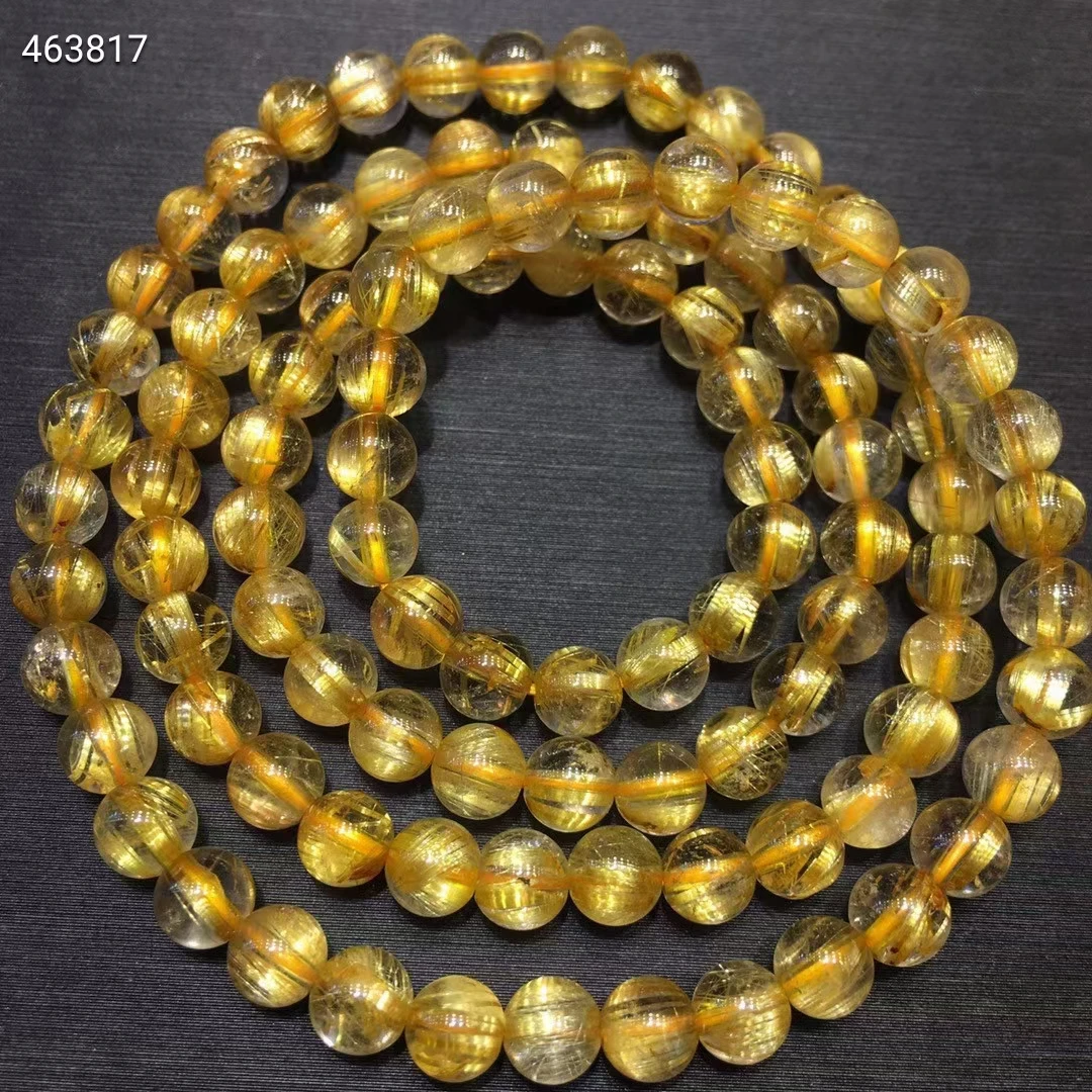 

Natural Gold Rutilated Quartz Crystal 3 Laps Bracelet Necklace 6mm Woman Men Clear Round Beads Rutilated Jewelry Brazil AAAAA