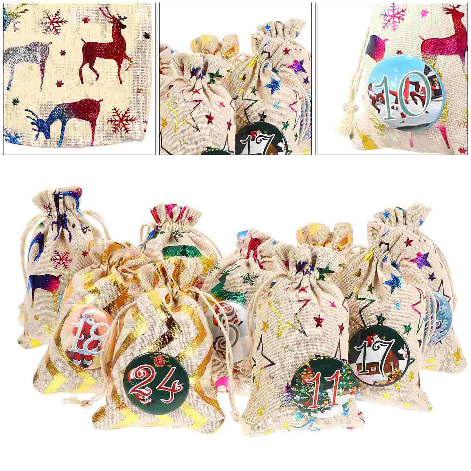 

1 Набор праздничных украшений, календарь, сумки на шнурке, изысканные подвесные сумки