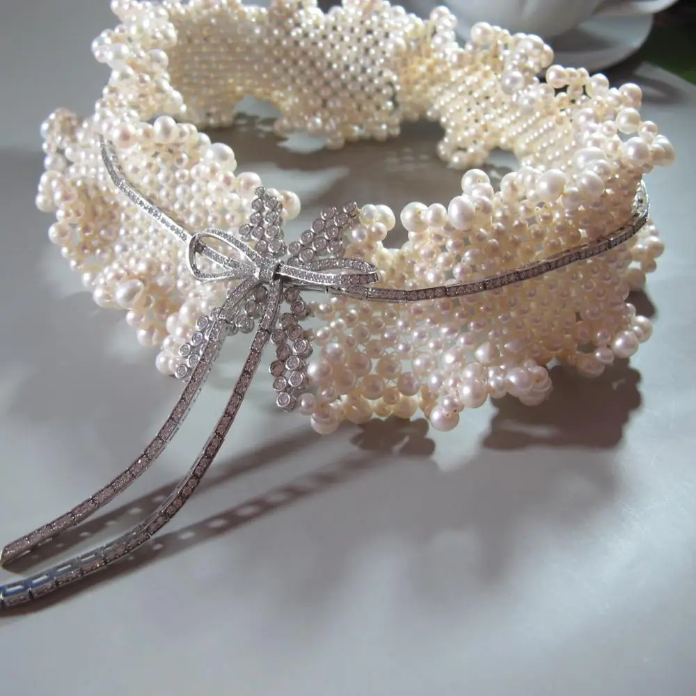 Женские натуральный пресноводный жемчуг бантик колье чокер воротник роскошные