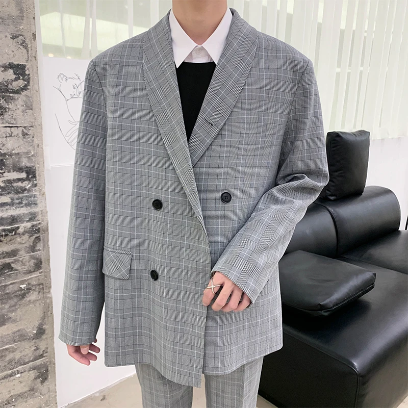 

2019 Men's Streetwear Lattice Printing Two Single Western Coats High-quality Suit Jacket Casual Loose Blazers Plus Size M-XL