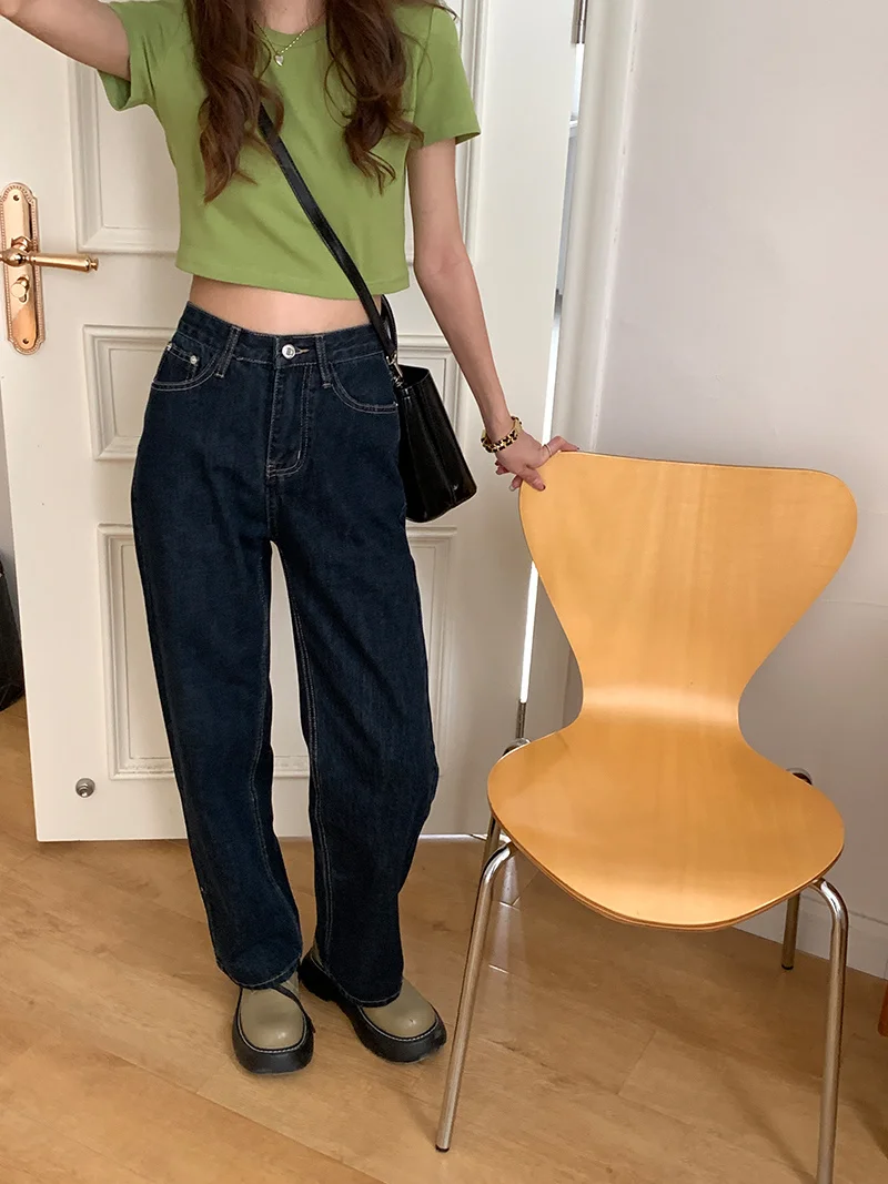 Simple Dark Jeans Blue Wide Leg Korean Loose High Waist Commuter Casual Straight Pants Small 2021 | Женская одежда