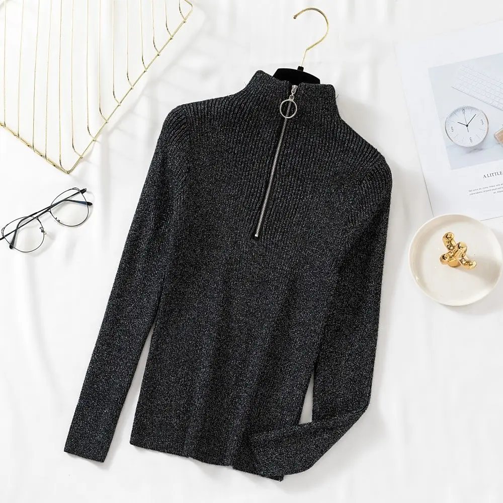Осень-зима 2020 вязаный пуловер на молнии с воротником-хомутом Повседневный Яркий