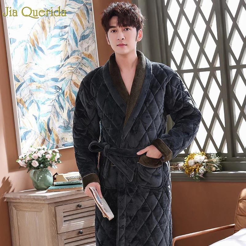 Mens Bath Robes Long Winter Thick Cozy Housecoat Luxury Velvet Kimono 3 Layer Padded Thick Warm Dress Gown Winter Bathrobe Male