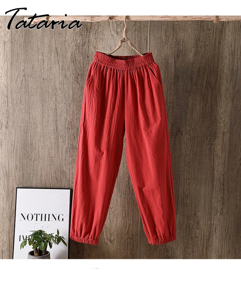 Женские Классические хлопковые льняные брюки повседневные стильные эластичные
