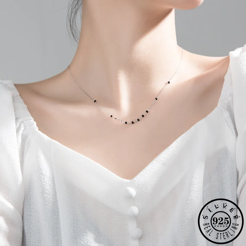 

925 Sterling Silver Adjustable Chain Statement Collares Kpop Chokers Necklaces with Small Black Cubic Zirconia Stone for Women