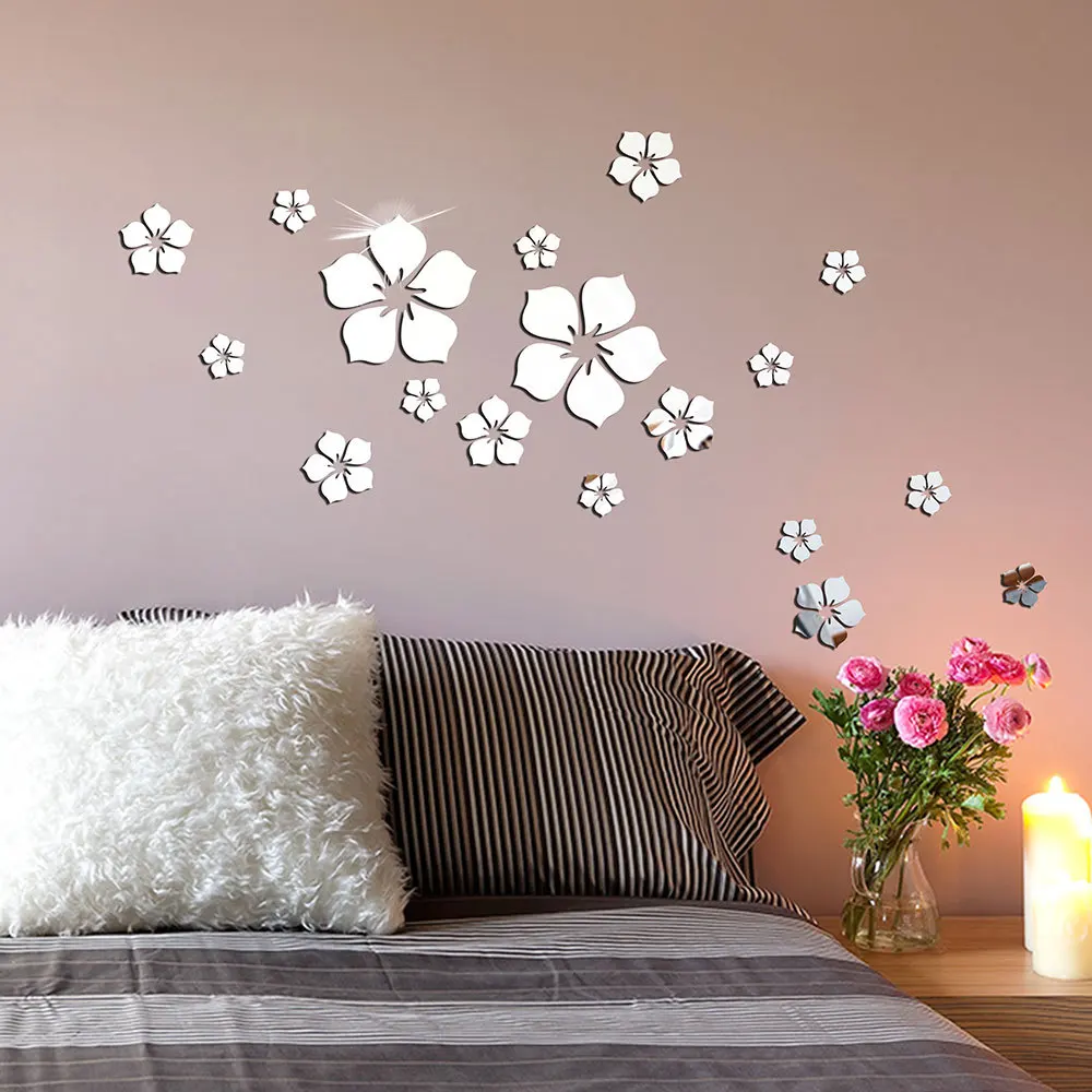 

18Pcs Mirror Wall Stickers Flower Wall Sticker DIY Acrylic 3D TV Background Art Mural Decor mirror Bathroom Home Decoration