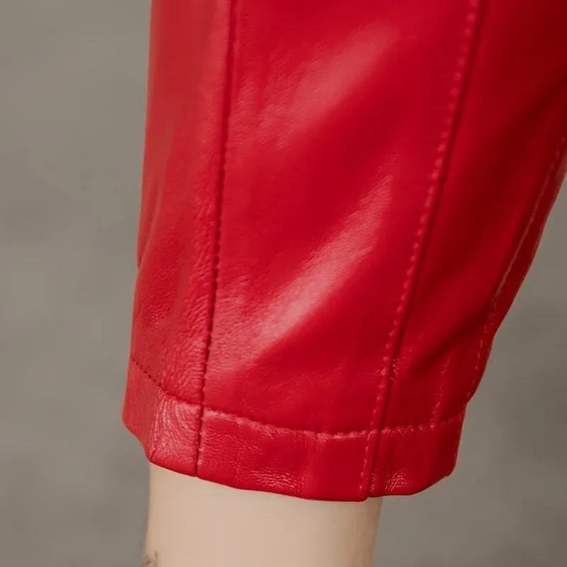 

High Street Fashion Solid Black Red Ankle Length Trousers Women Elastic Waist Loose Genuine Leather Pants Casual Pencil Pants