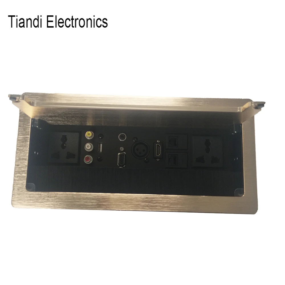 

2-Bit Universal Plug Brush Clamshell Table Socket+VGA/HDMI/USB/XLR + 3.5 Audio + Dual Audio Video Network Interface Golden Panel