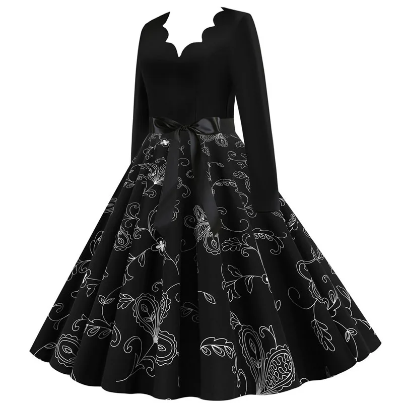 3XL винтажное платье рокабилли 2020 осеннее модное с v-образным вырезом и длинным