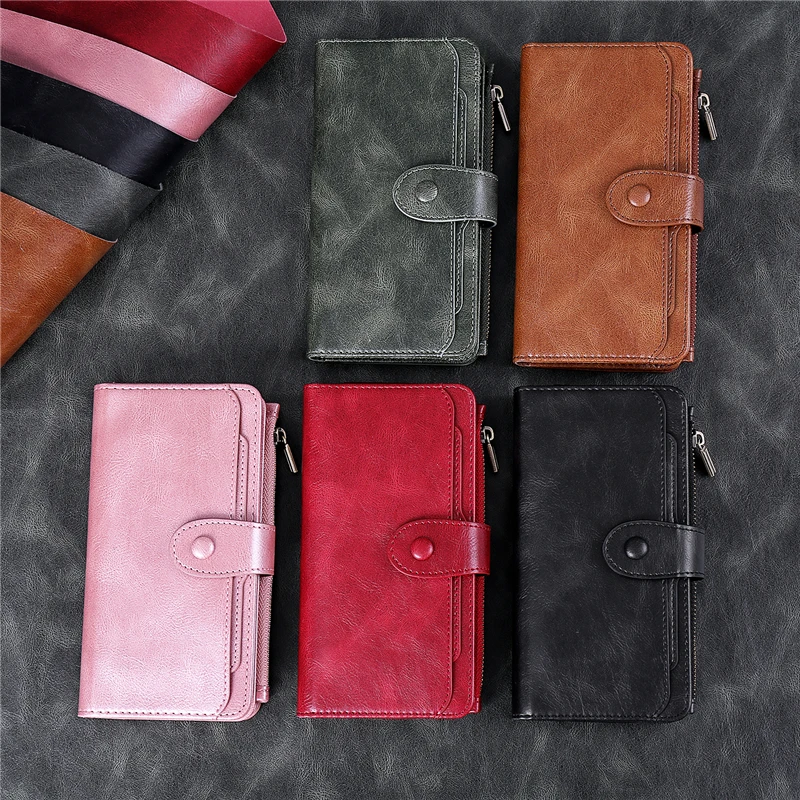

Multifunction Retro Zipper Solid Color Phone Wallet Case For iPhone 7 8 Plus 11 Pro Max 12 Pro Max X XS Max XR SE 2020 Cover