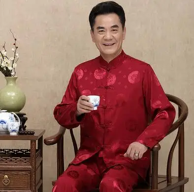 

Middle-aged Tang suit set men Buckle blazer spring autumn masculino silk jaqueta masculina coats mens jacket Chinese style