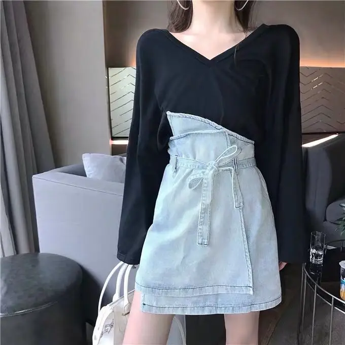 Женская джинсовая юбка с эффектом потертости трапециевидная облегающая высокой