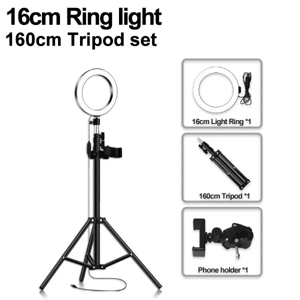 16cm type 160cm Светодиодный кольцевой светильник 16/20/26 см 5600K 64 светодиодный s селфи кольцо для фотосъемки с лампами светильник ing с штатив с держателем для телефона и usb-разъем для студийной фотосъемки - Цвет: 16cm type 160cm