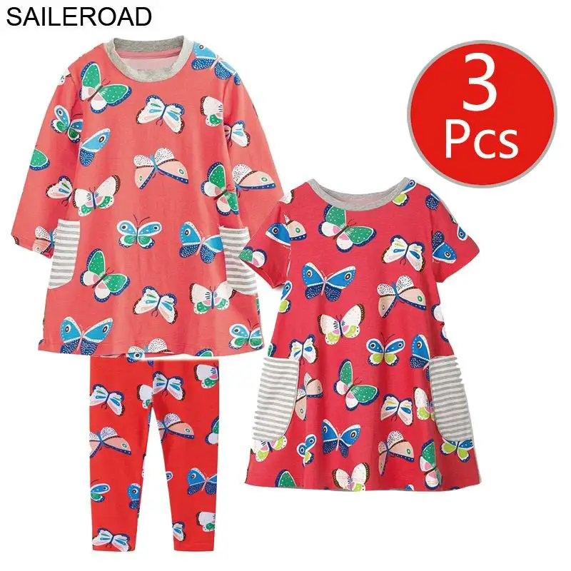 SAILEROAD Девушки Мода 3 шт. Детская Одежда Набор Платье Леггинсы Наряды на Лето Осень Малышей Платья Партии Костюмы - Цвет: 7704-6200-1119 photo