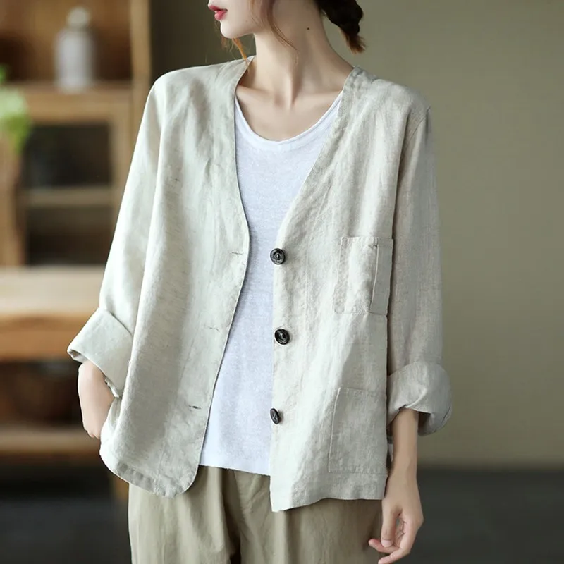 

Women Cotton Linen Casual Jackets New 2021 Autumn Vintage Style V-neck Single Breasted Loose Female Outerwear Coats B1068