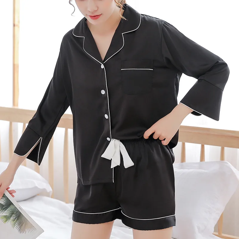 

Cool Summer Silk Satin New Concise Shorts Pajamas Women Suits 2PCs Pyjama Femme Pure Color Leisure Homewear Three Quarter Sleeve