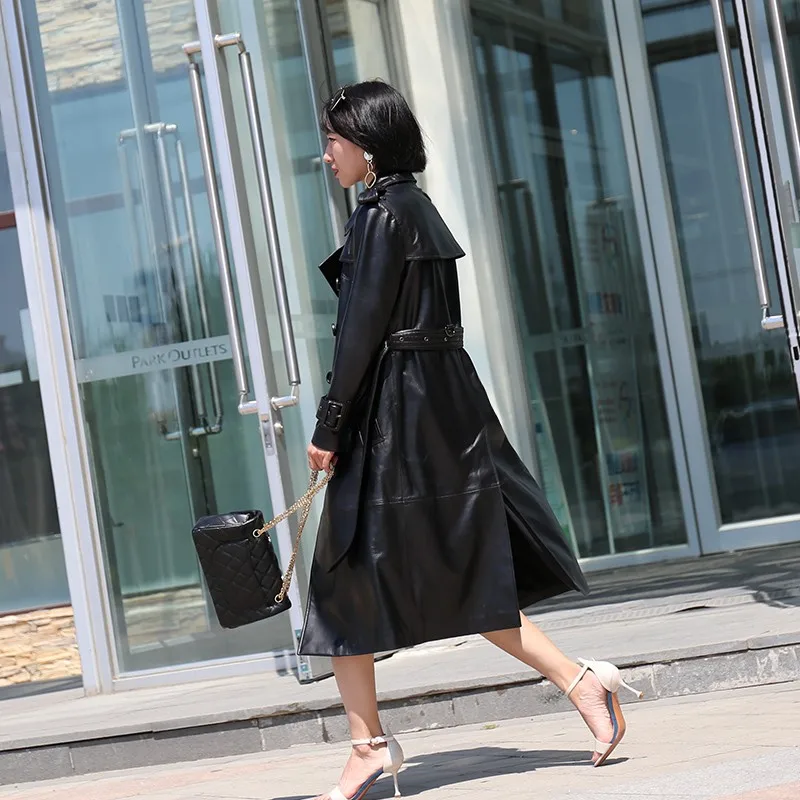 Женский Тренч из натуральной кожи большие размеры длинные пальто овчины на осень