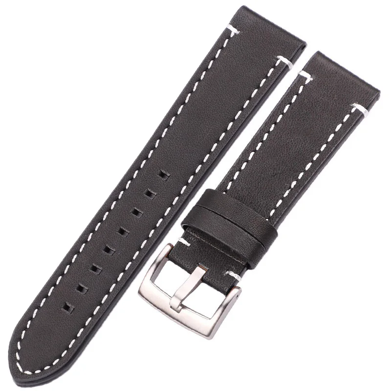 Black silver clasp Ремешки для наручных часов, ремешок из натуральной кожи, 7 цветов, женские и мужские часы из воловьей кожи, ремешок 18 мм, 20 мм, 22 мм, 24 мм, аксессуары для часов - Цвет ремешка: Black silver clasp