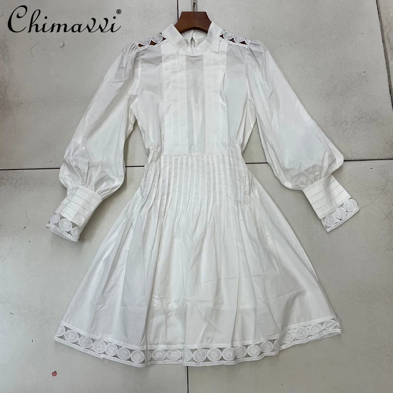 

2021 Summer White Dress for Women Fashionable Chic Vintage Cotton Long Sleeve Dress Feminine Simple Slim Mid-Length Shirt Dress