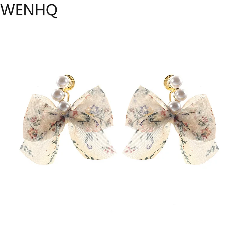 WENHQ Small Floral Fabric Bow-knot Clip on Earrings Temperament Simple Design  Mosquito Coil  Without Pierced Earrings Ear Clip