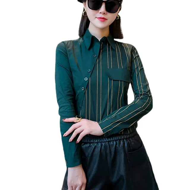 

Autumn Office Lady Irregular Button Up Shirts Women Work Wear Stretchy Cotton Shirts Woman Full Sleeve Striped Tops