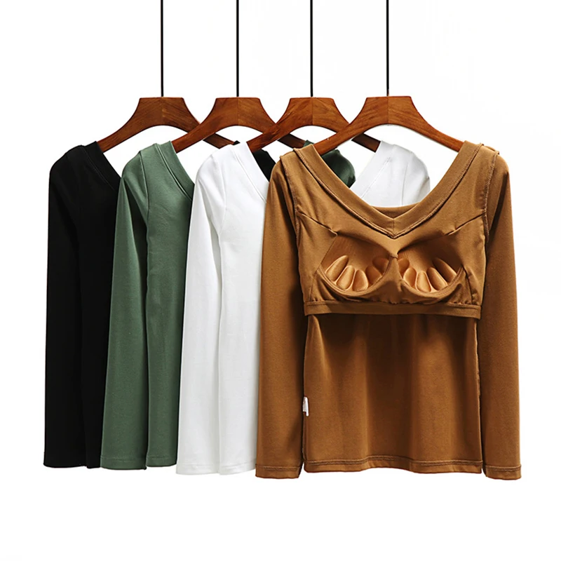 

Хлопковая майка с V-образным вырезом, нагрудная прокладка, футболка с длинным рукавом, U-образный вырез на спине, хлопковый бюстгальтер, чашк...