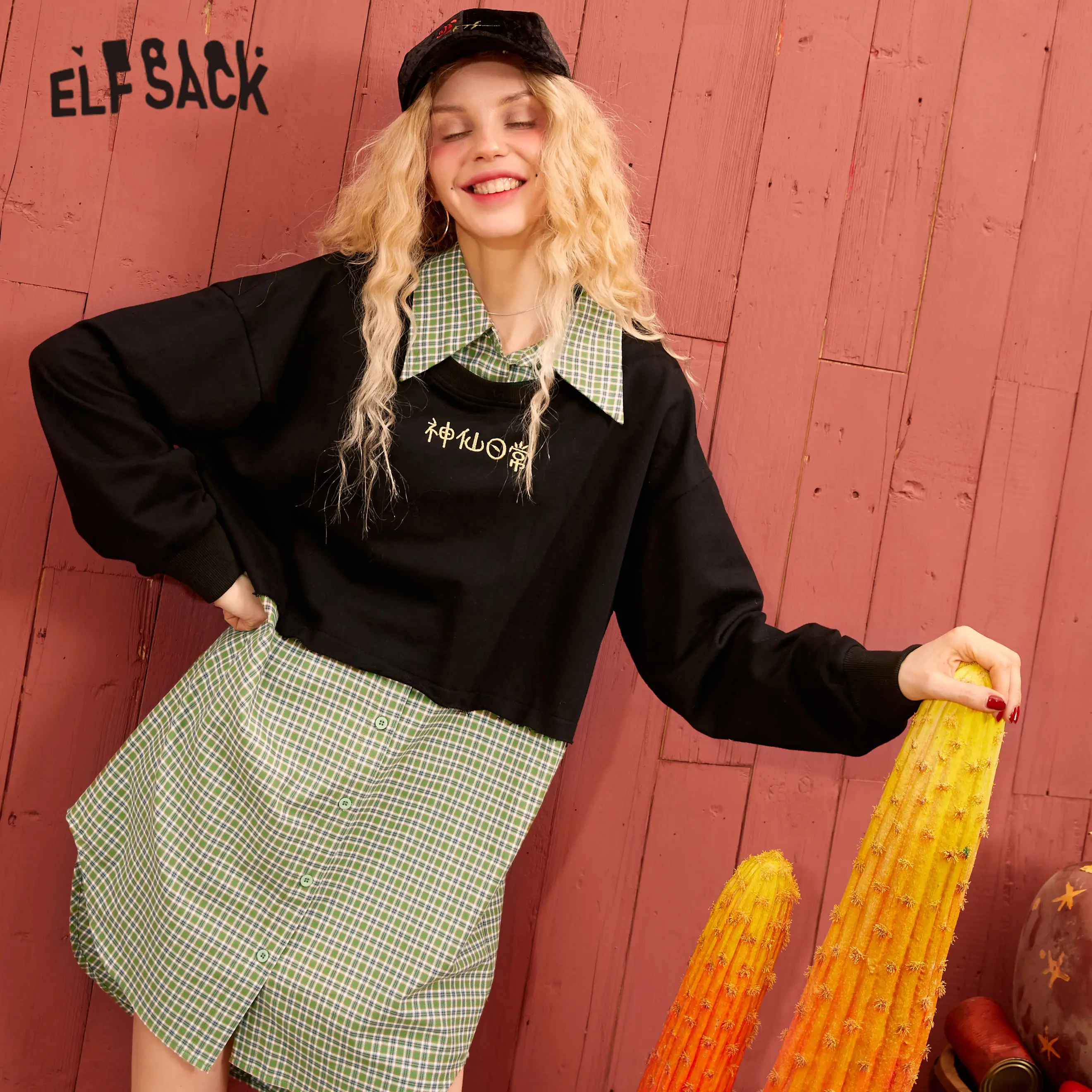 Женское клетчатое платье ELFSACK черное Повседневное с вышитыми буквами и