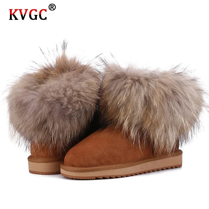 Новые модные женские зимние ботильоны KVGC из воловьей кожи с лисьим мехом для